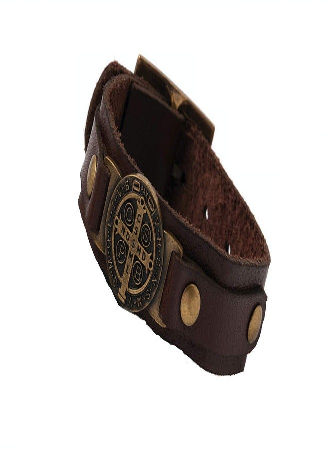 Intercession St Benedict Genuine Leather Protection Bracelet - Made in Brazil (Large - Brown) - Image 1